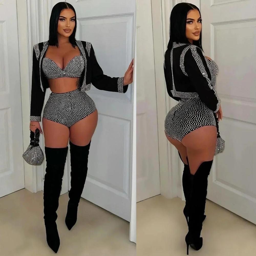 Black and White 3 -Piece Set Luxury  Baeutiful Women Sexy Jacket Top And Bra